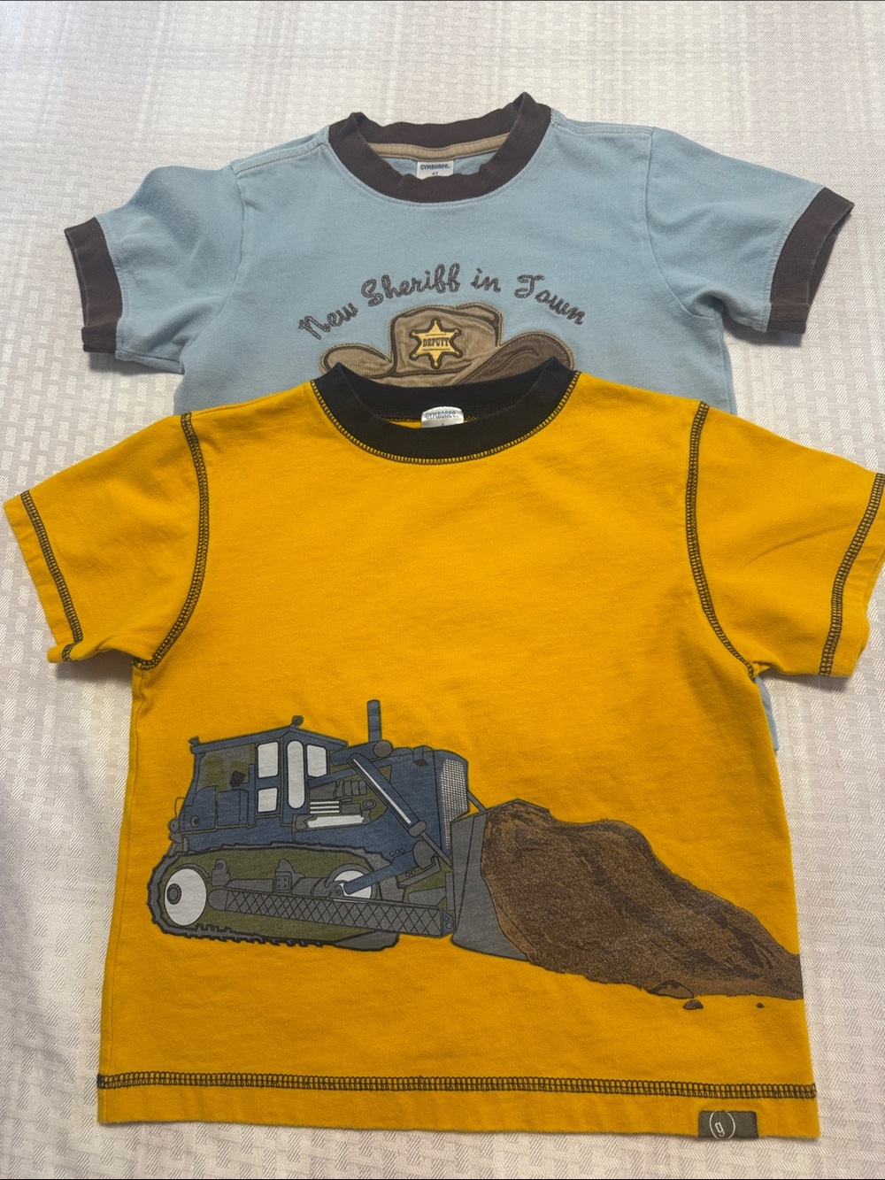 Gymboree -Two Shirts Yellow Bulldozer Graphic and Blue Sheriff Deputy Graphic